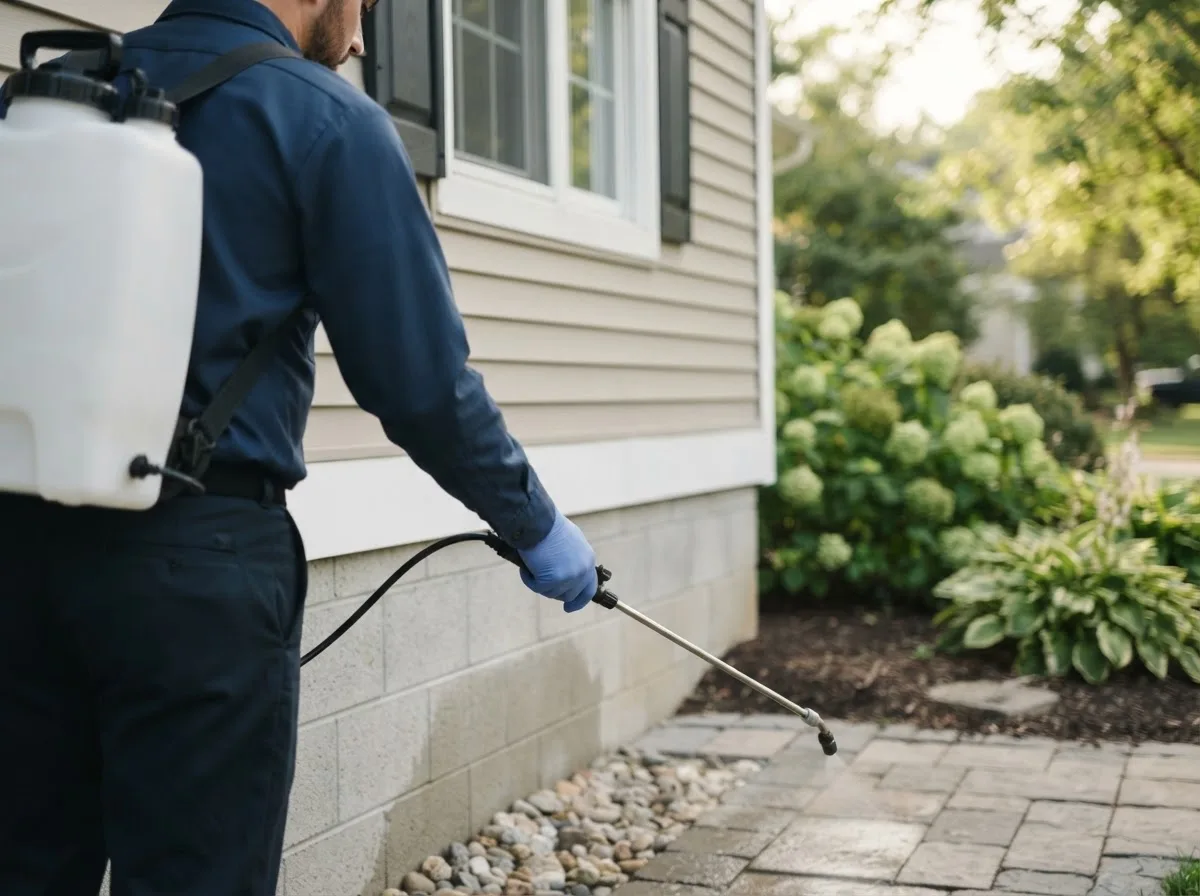 Pest control technician inspecting a home in Butte Des Morts, WI